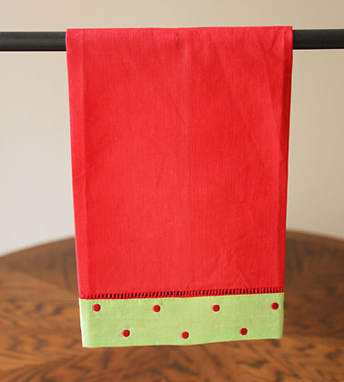 Festive Guest Towel. Red & Green & Red Polka Dots